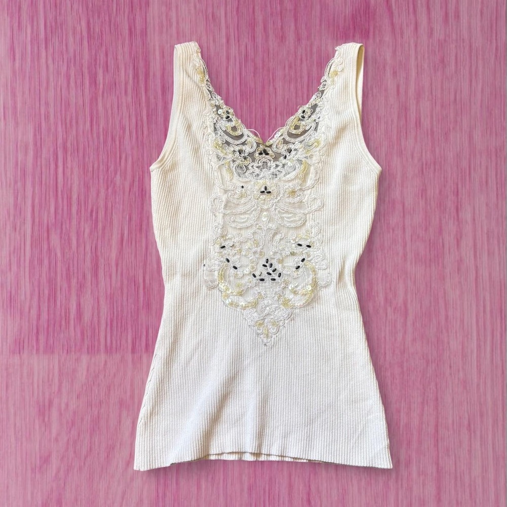 Y2K cache white beaded fitted tank top